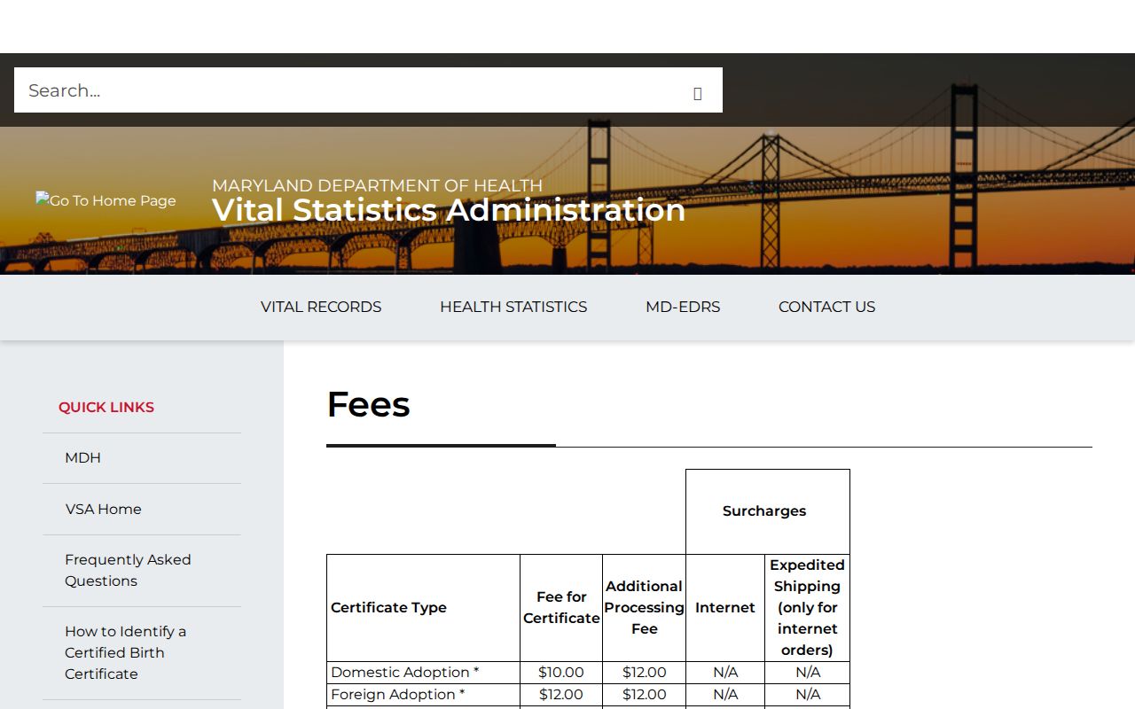 Columbia public records screenshot of Maryland vital certificate fees