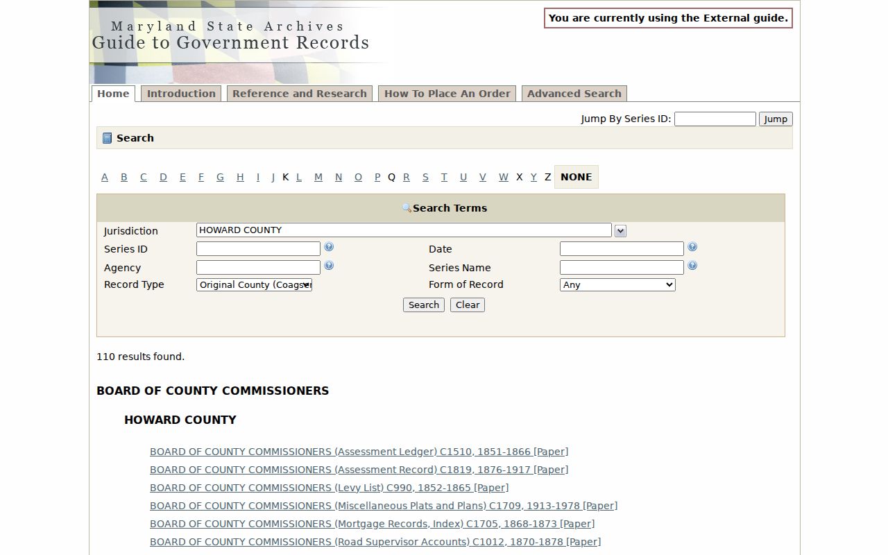 Columbia public records screenshot of Maryland State Archives Howard County catalog