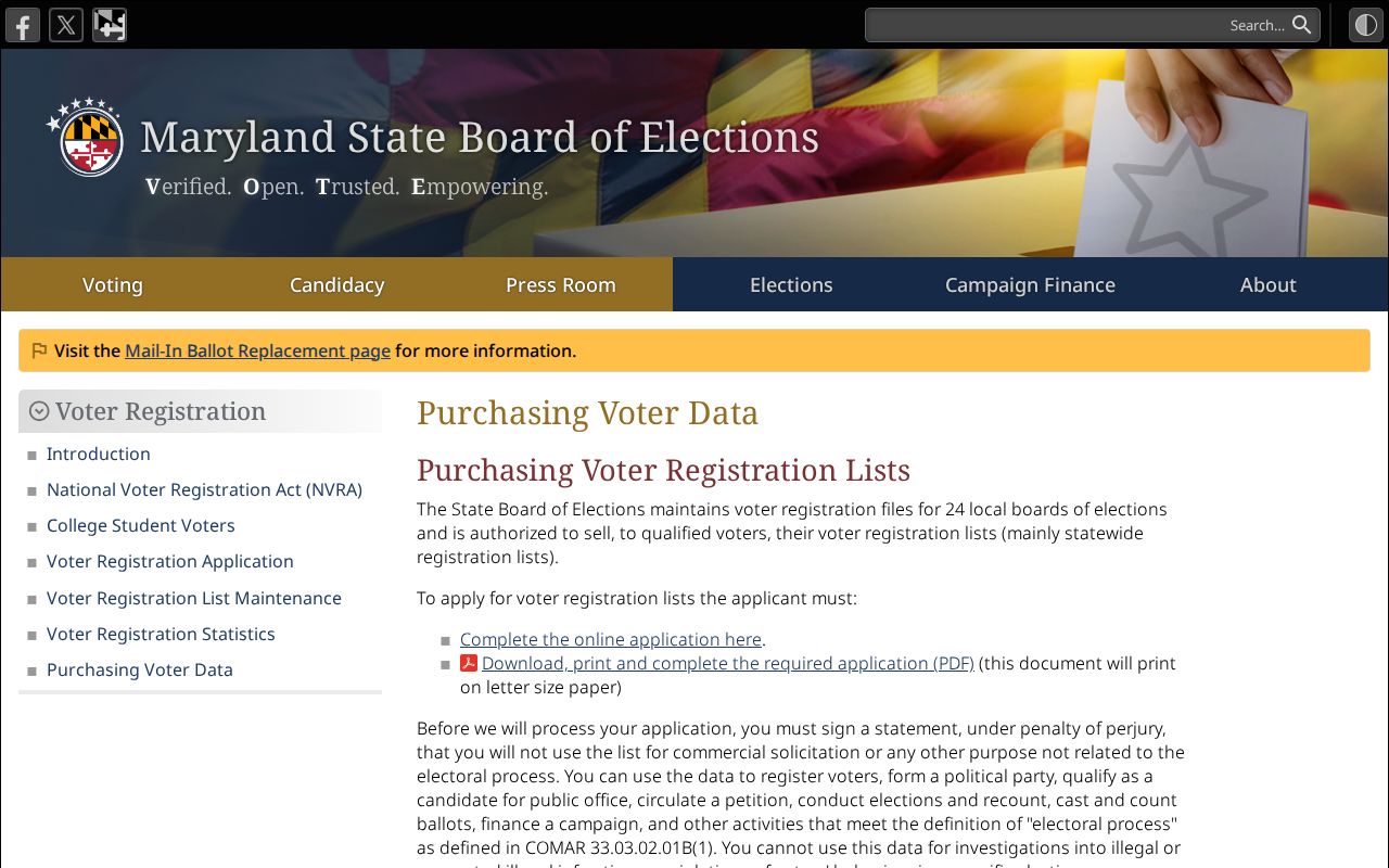Maryland voter registration data options and prices for Columbia voter records