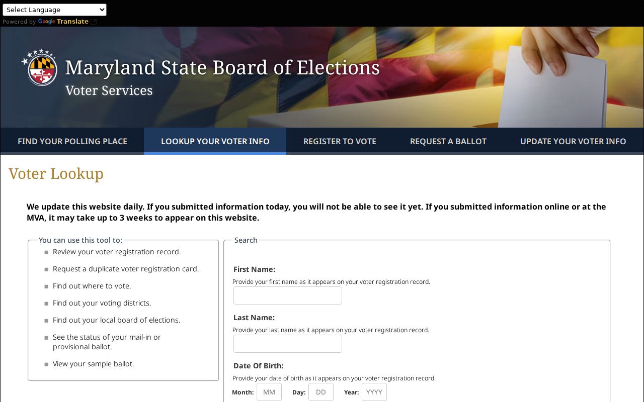 Columbia voter registration records lookup fields on the Maryland Voter Search